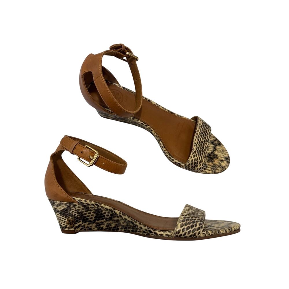 Tory Burch Kitten Heel Snake Print Wedge Sandals Womens 6 Summer Casual Leather
